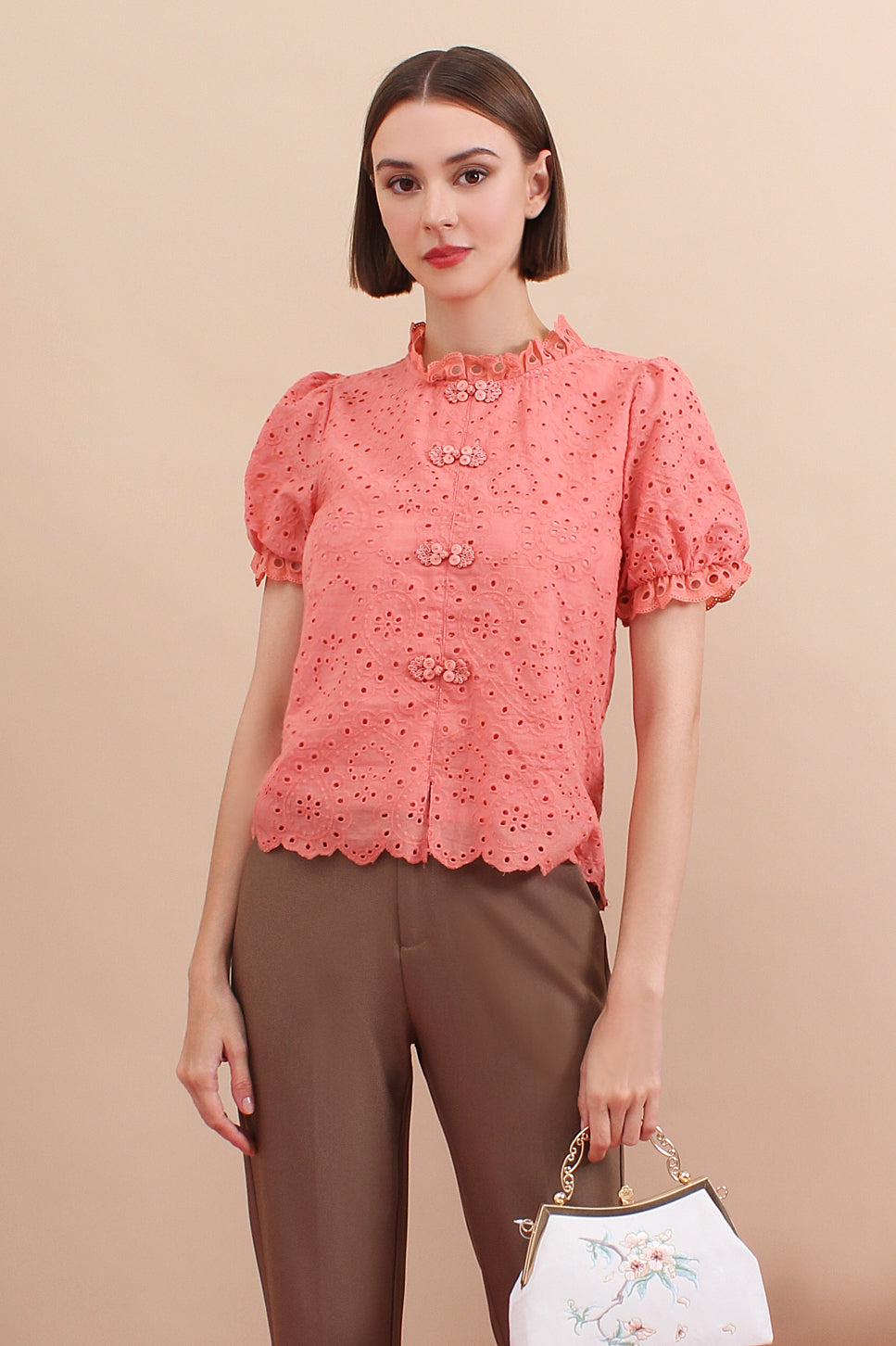Eyelet Mandarin Collar Puff Sleeve Top