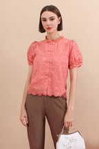Eyelet Mandarin Collar Puff Sleeve Top