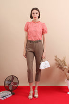 Eyelet Mandarin Collar Puff Sleeve Top