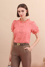 Eyelet Mandarin Collar Puff Sleeve Top