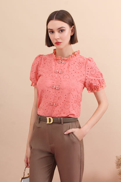 Eyelet Mandarin Collar Puff Sleeve Top