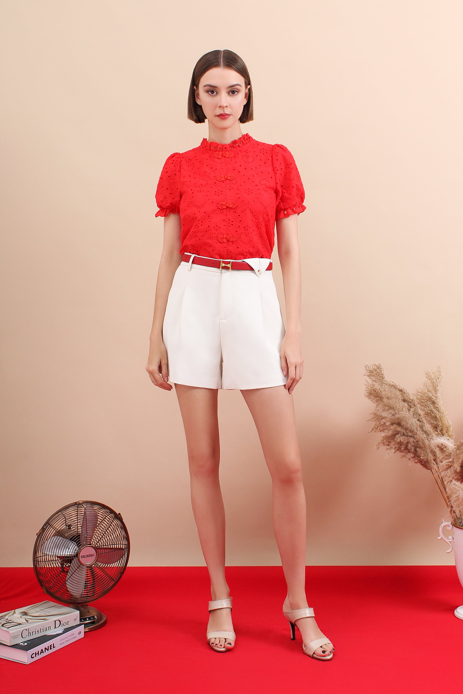 Eyelet Mandarin Collar Puff Sleeve Top