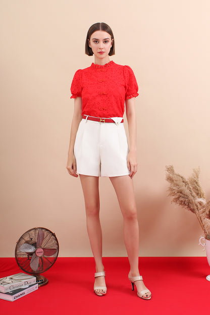 Eyelet Mandarin Collar Puff Sleeve Top