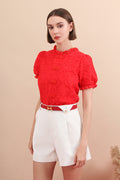 Eyelet Mandarin Collar Puff Sleeve Top
