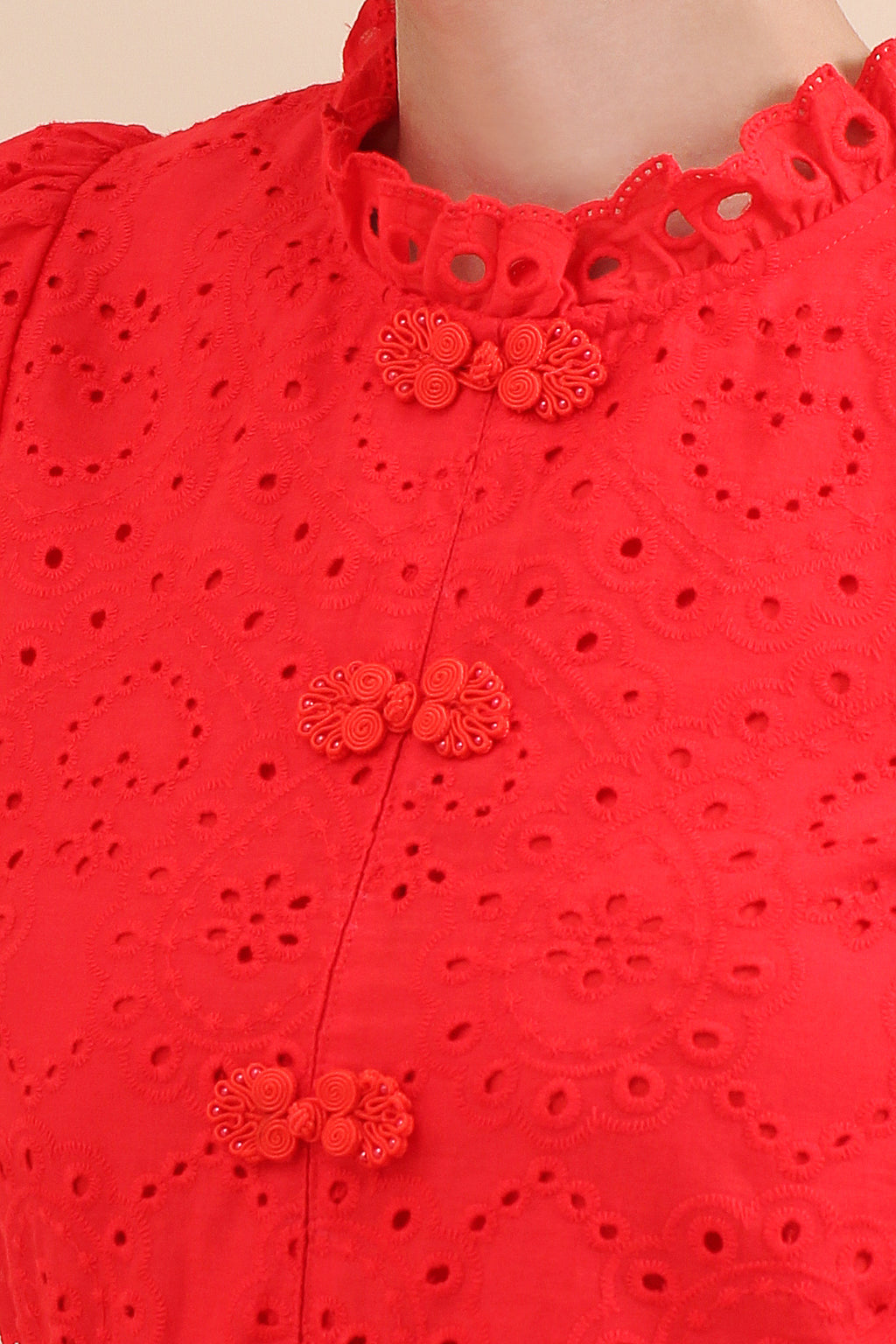 Eyelet Mandarin Collar Puff Sleeve Top