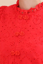 Eyelet Mandarin Collar Puff Sleeve Top