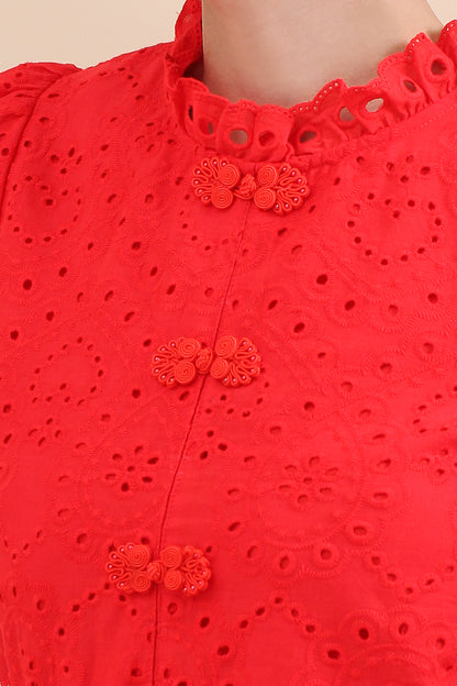 Eyelet Mandarin Collar Puff Sleeve Top