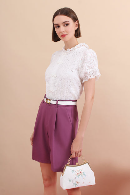 Eyelet Mandarin Collar Puff Sleeve Top