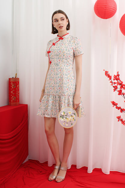 Qipao Mandarin Knot Floral A-Line Ruffle Hem Dress