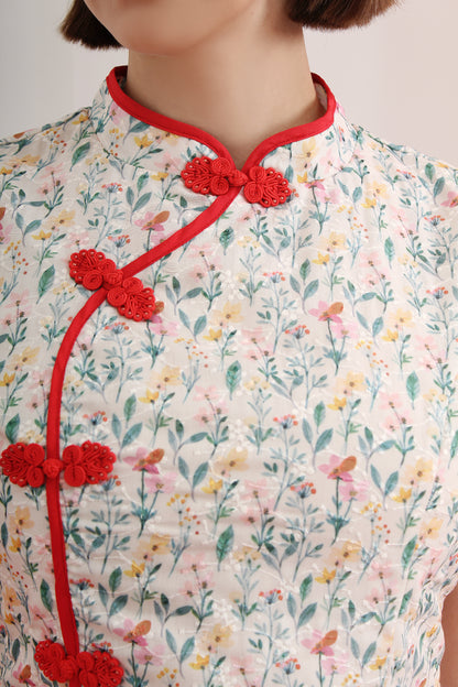 Qipao Mandarin Knot Floral A-Line Ruffle Hem Dress