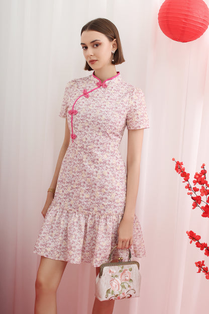 Qipao Mandarin Knot Floral A-Line Ruffle Hem Dress