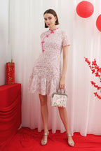 Qipao Mandarin Knot Floral A-Line Ruffle Hem Dress