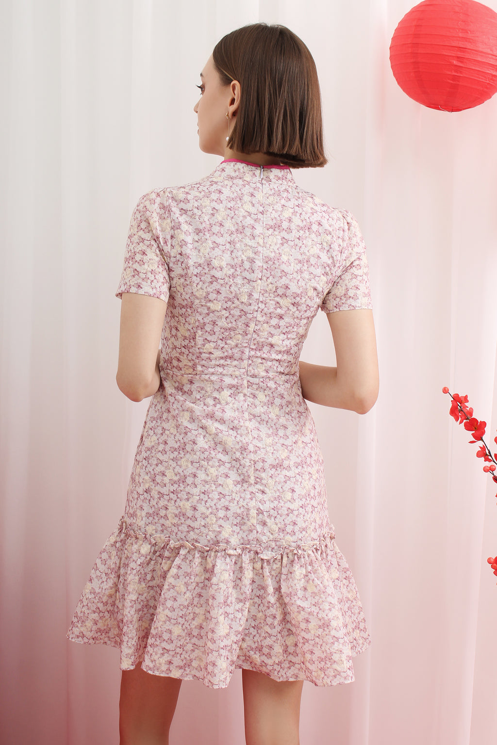 Qipao Mandarin Knot Floral A-Line Ruffle Hem Dress