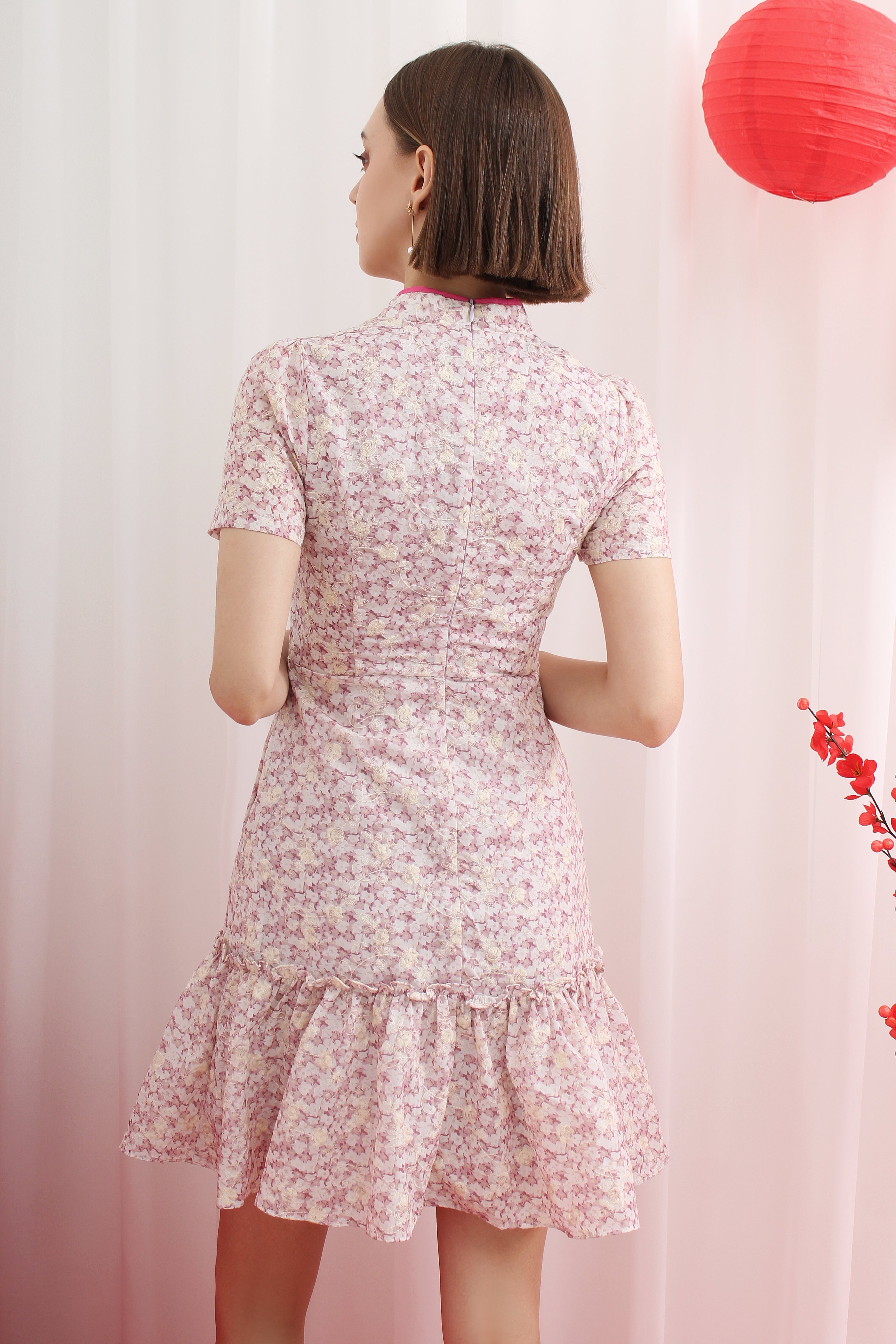 Qipao Mandarin Knot Floral A-Line Ruffle Hem Dress