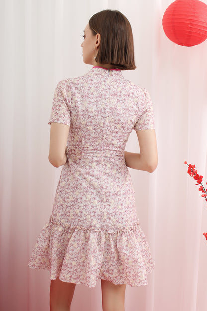 Qipao Mandarin Knot Floral A-Line Ruffle Hem Dress