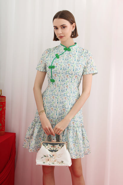 Qipao Mandarin Knot Floral A-Line Ruffle Hem Dress