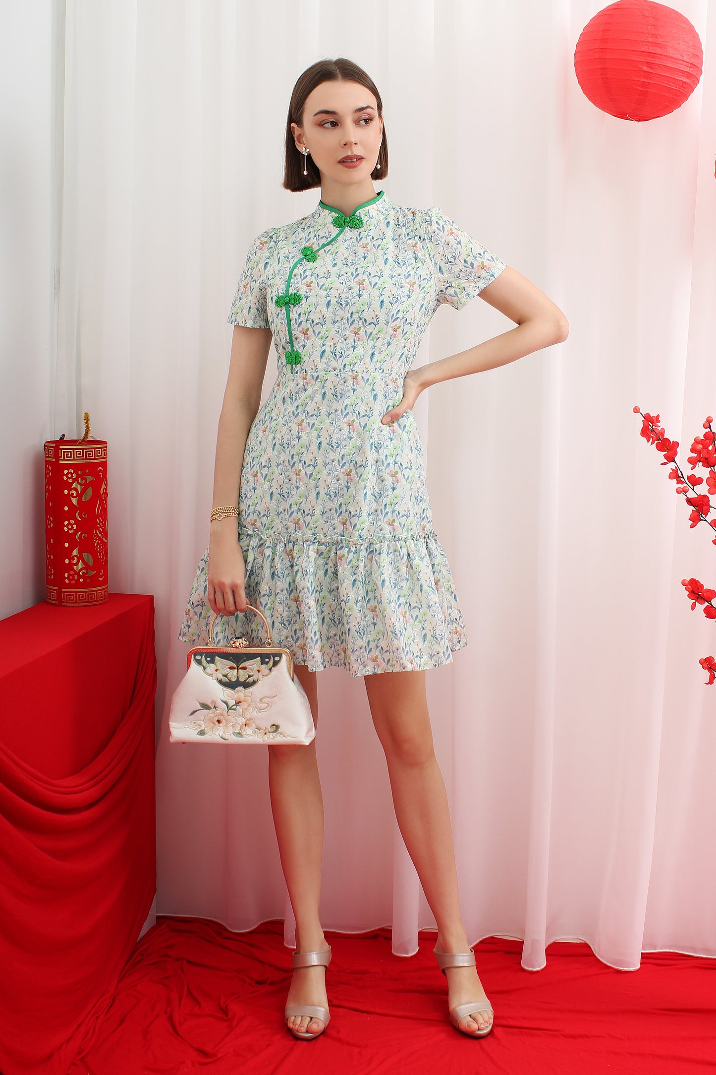 Floral Ruffle Sleeve Cheongsam Qipao Mini Dress