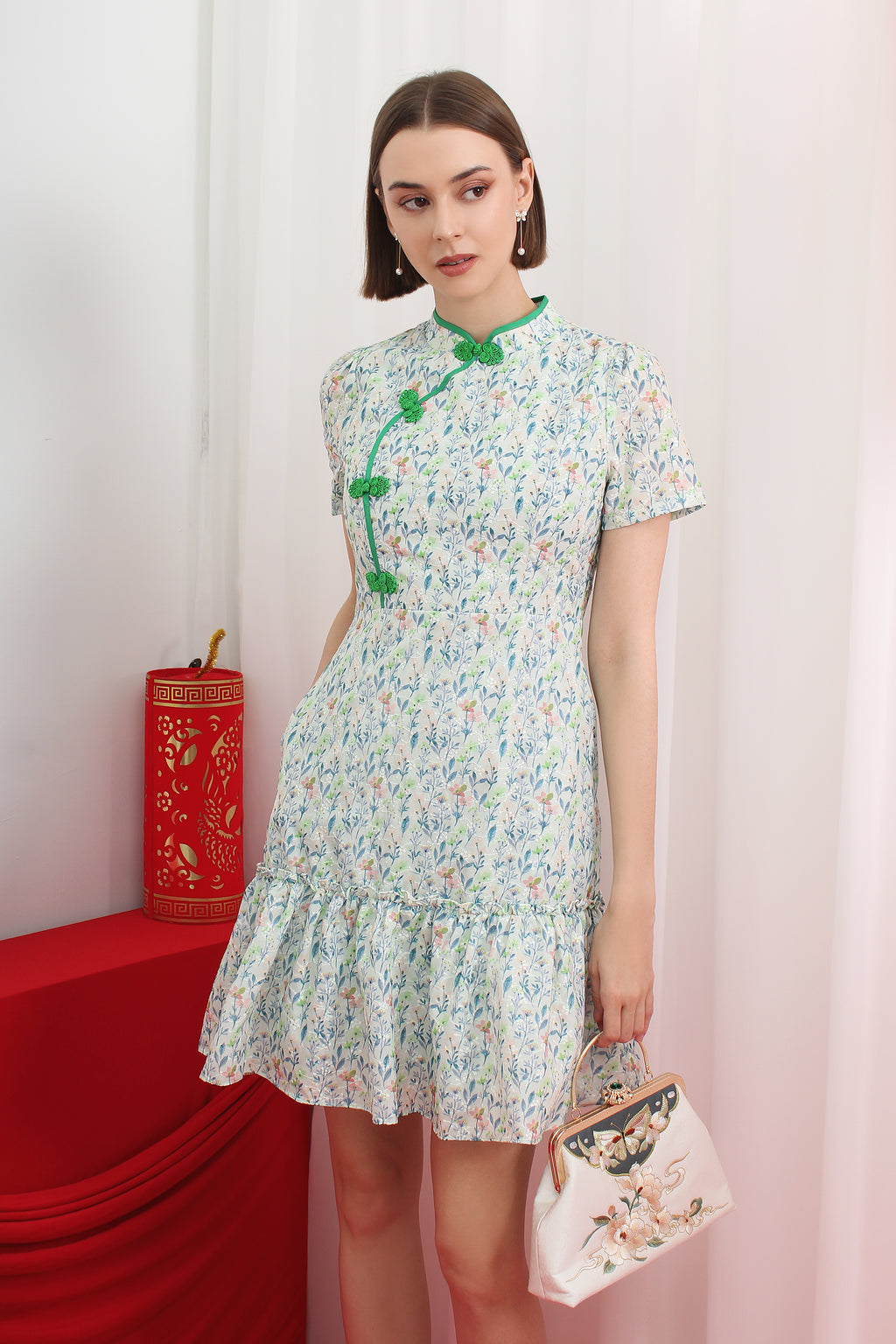 Qipao Mandarin Knot Floral A-Line Ruffle Hem Dress