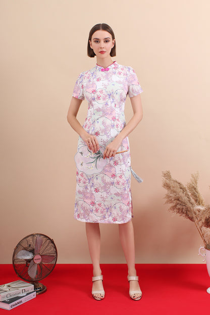 Pastel Eyelet Floral Qipao Midi Dress