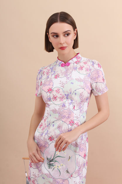 Pastel Eyelet Floral Qipao Midi Dress