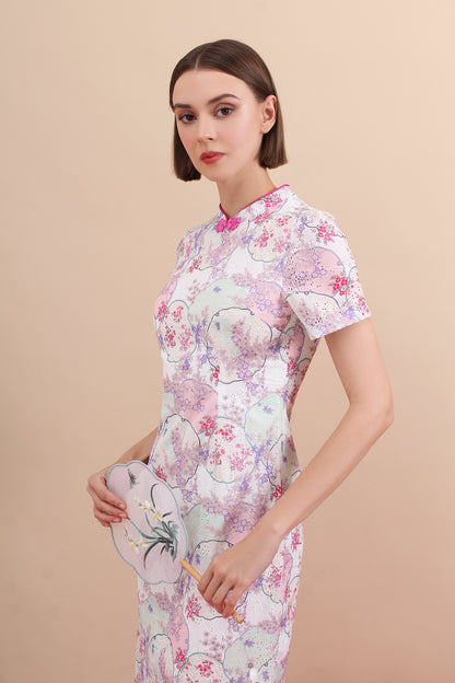 Pastel Eyelet Floral Qipao Midi Dress