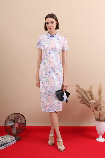 Pastel Eyelet Floral Qipao Midi Dress