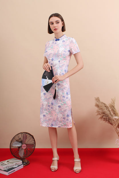 Pastel Eyelet Floral Qipao Midi Dress