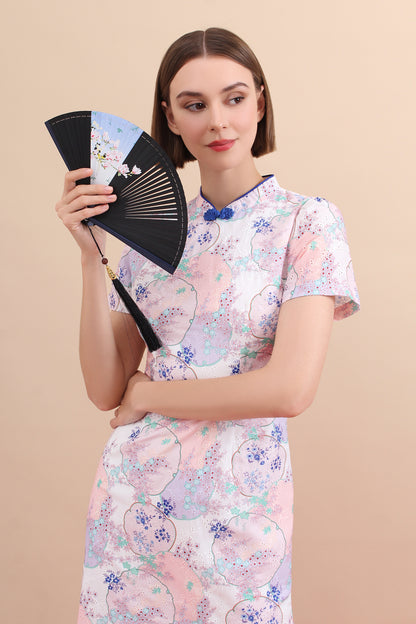 Pastel Eyelet Floral Qipao Midi Dress