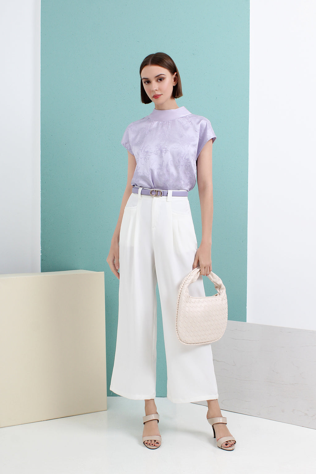 Satin Jacquard Mandarin Collar Top