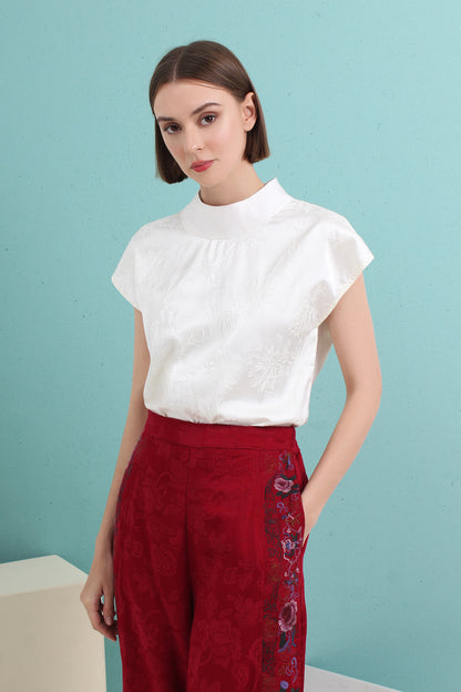 Satin Jacquard Mandarin Collar Top