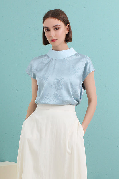 Satin Jacquard Mandarin Collar Top