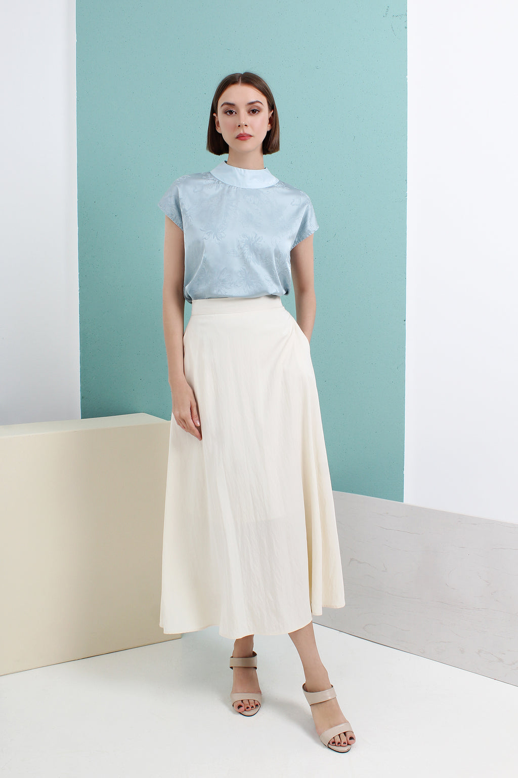 Satin Jacquard Mandarin Collar Top