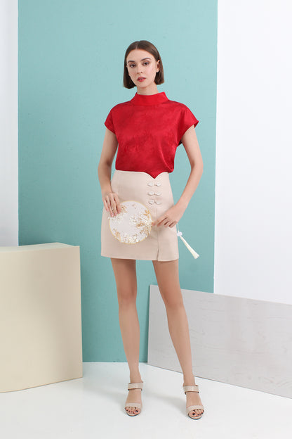 Satin Jacquard Mandarin Collar Top