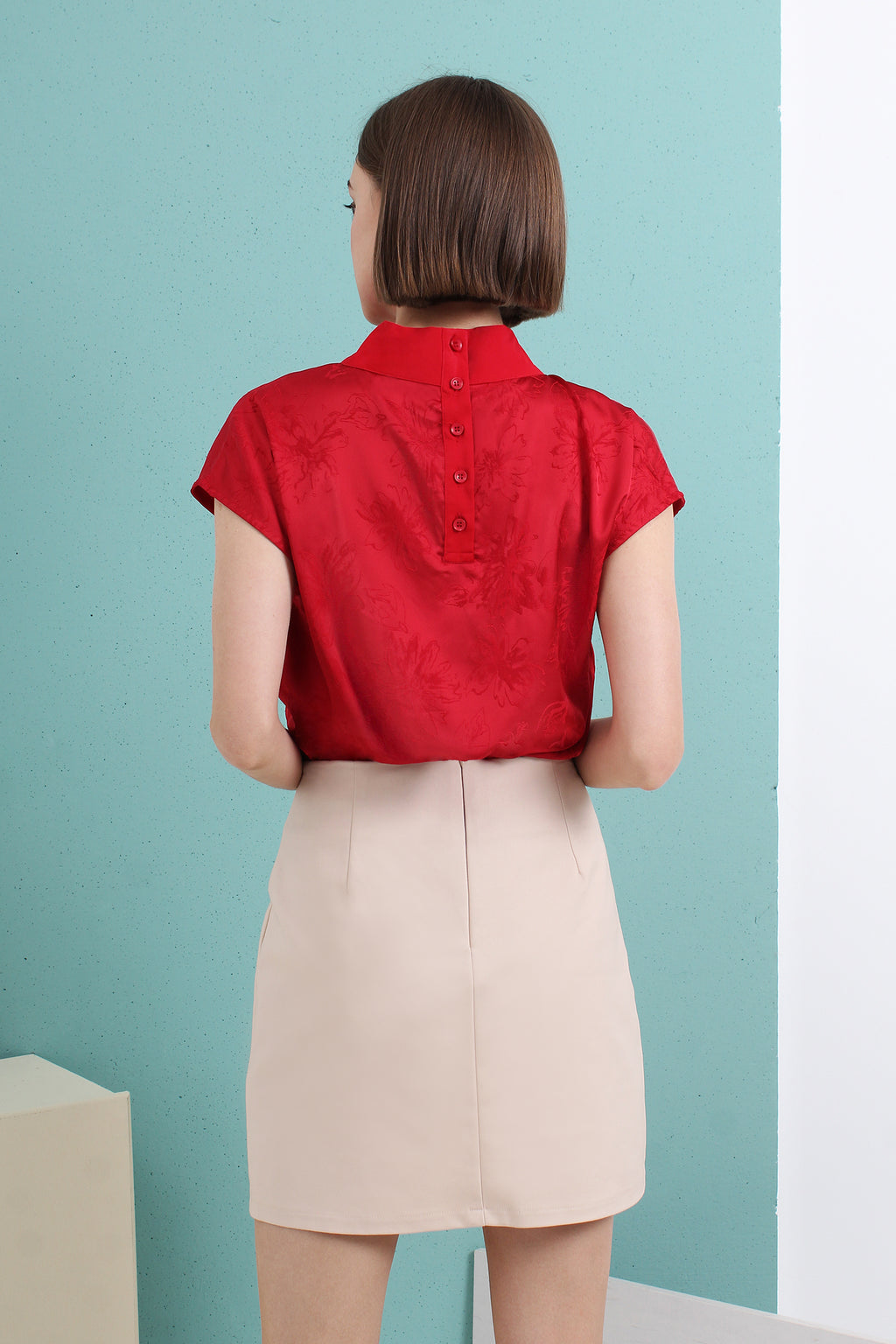 Satin Jacquard Mandarin Collar Top