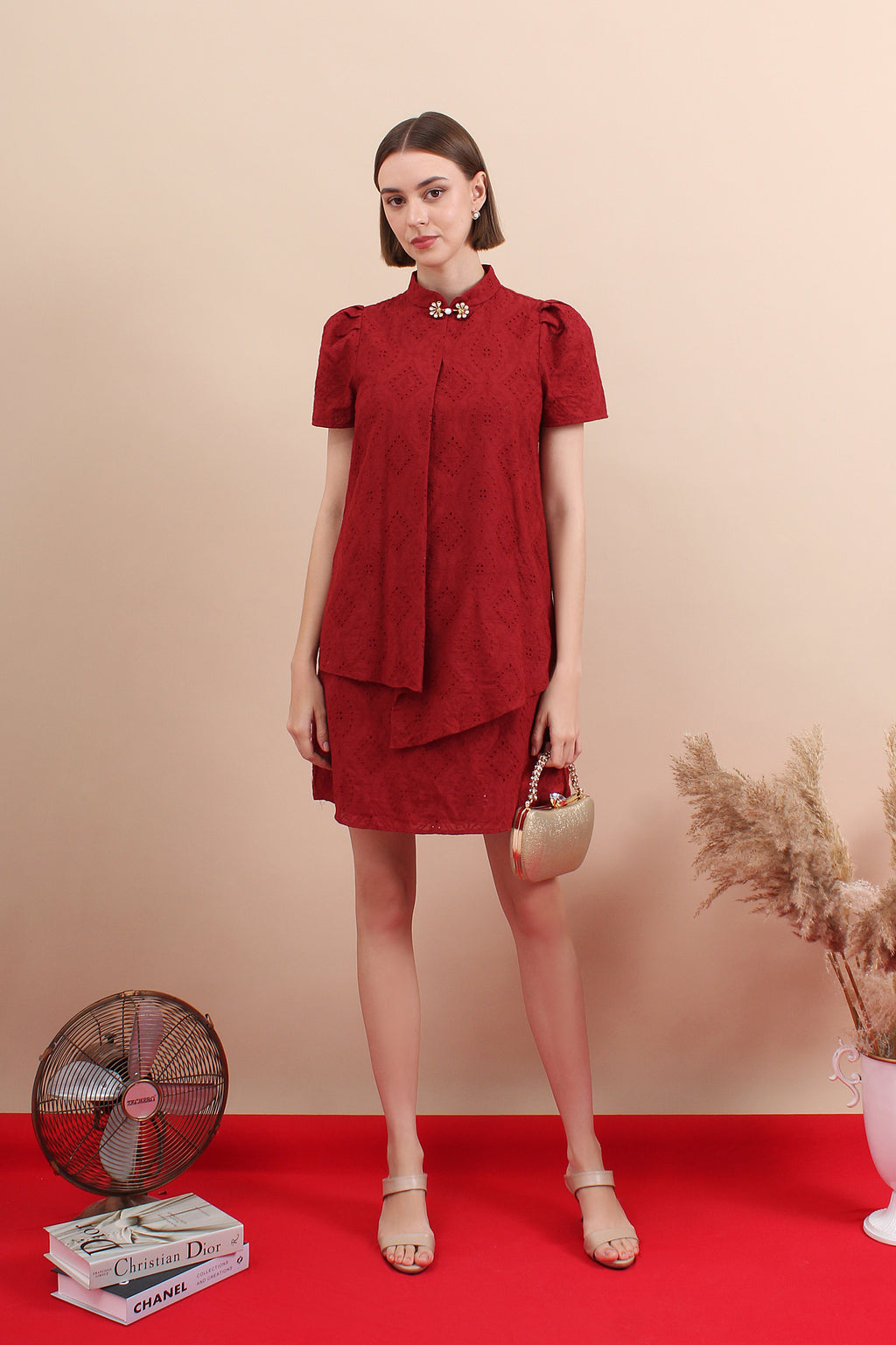 Elm Lustre Eyelet Mini Cheongsam Dress