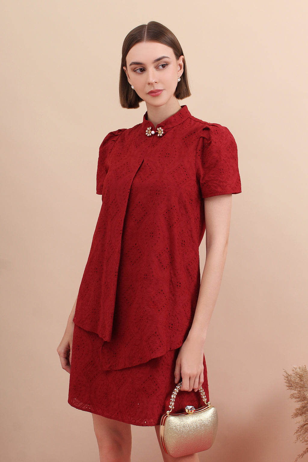 Elm Lustre Eyelet Mini Cheongsam Dress