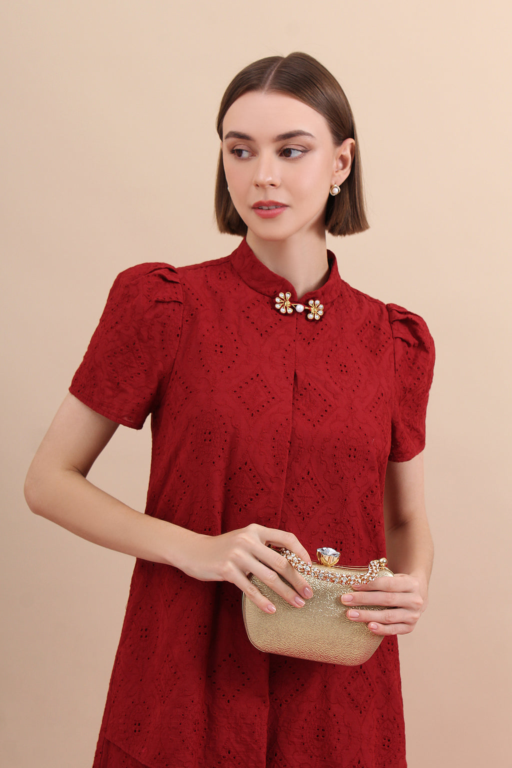 Elm Lustre Eyelet Mini Cheongsam Dress