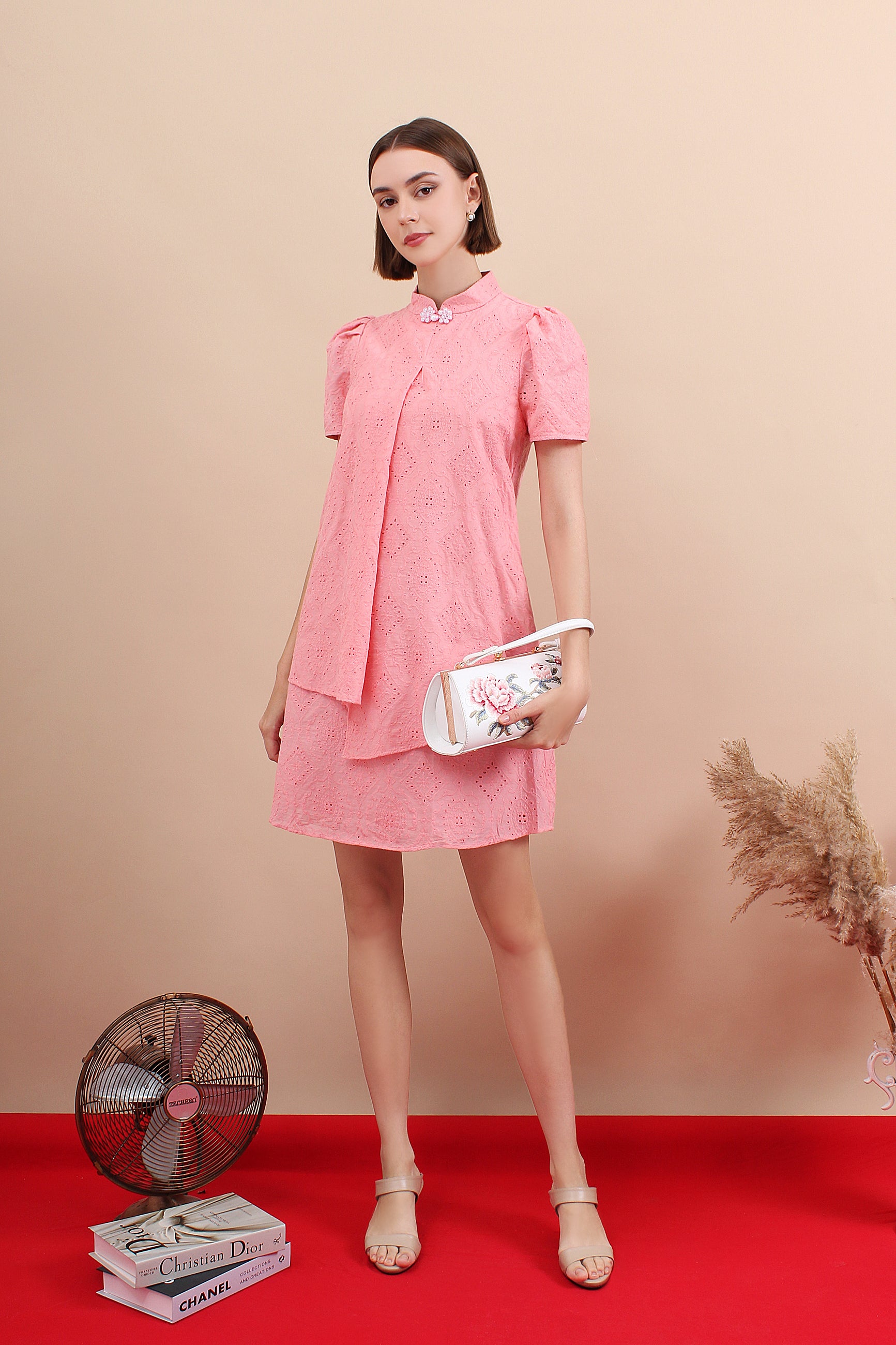 Elm Lustre Eyelet Mini Cheongsam Dress