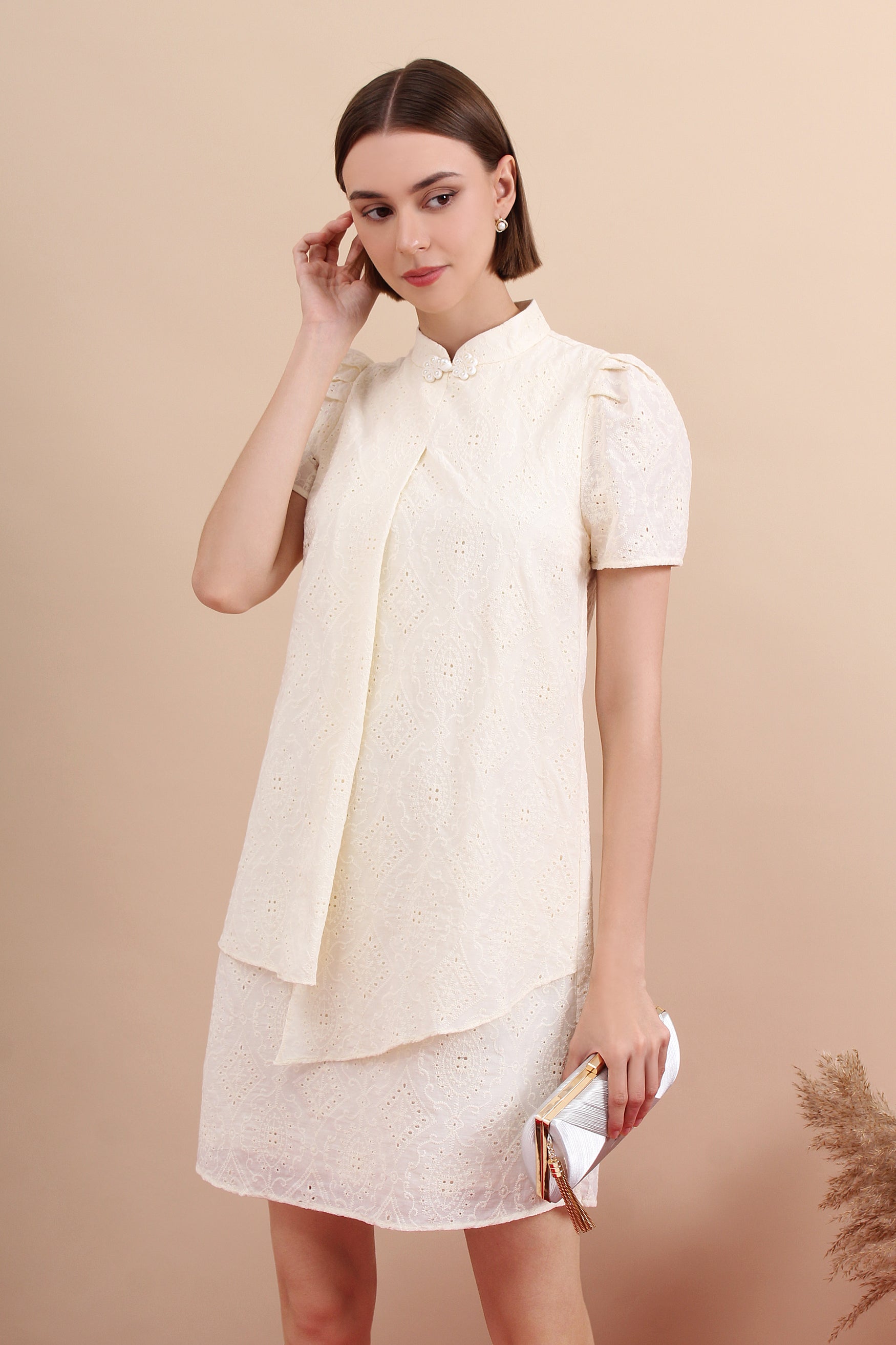 Elm Lustre Eyelet Mini Cheongsam Dress