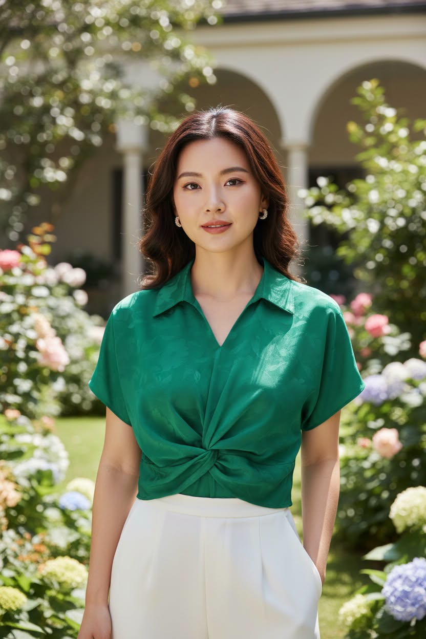 A woman wearing a vibrant green short-sleeve button-up blouse with a twisted knot detail at the front and white high-waisted trousers by Le Ann Maxima