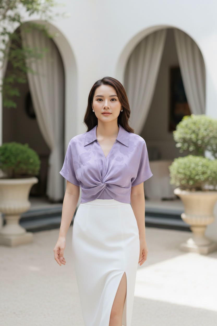 A woman wearing a lavender short-sleeve collared blouse with a twisted front detail and a white high-waisted skirt with a front slit.