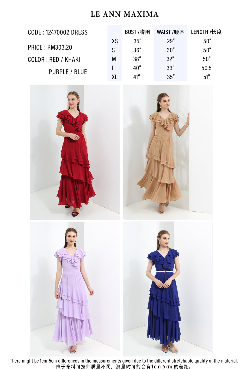 Dresses in red, beige, purple, and blue with size chart and measurements.