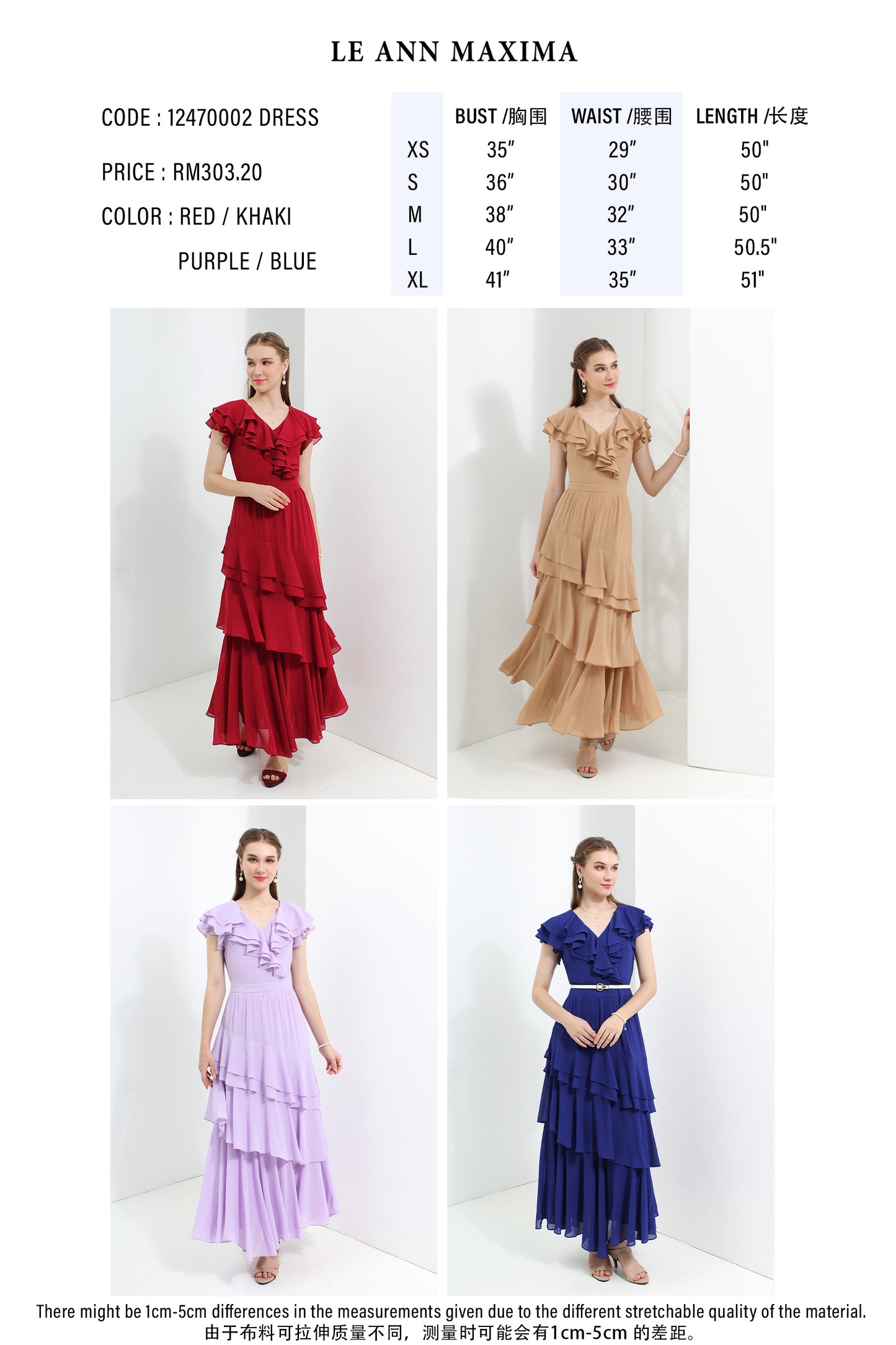 Dresses in red, beige, purple, and blue with size chart and measurements.