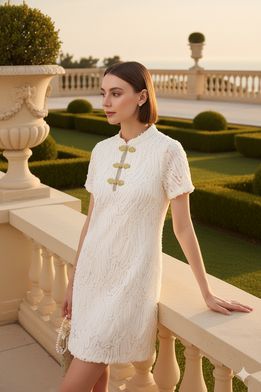 White cheongsam with mandarin collar textured fabric with traditional gold frog closures with refined metallic braiding