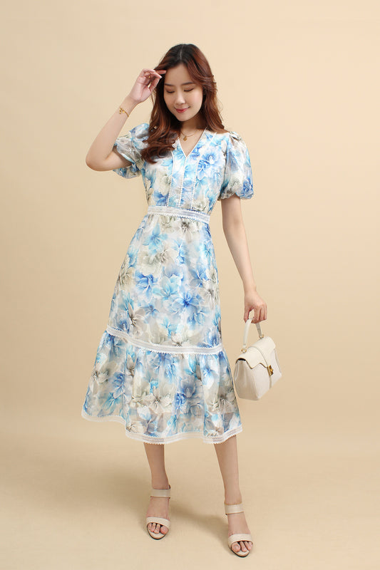 Floral Puff Sleeve Lace Midi Dress