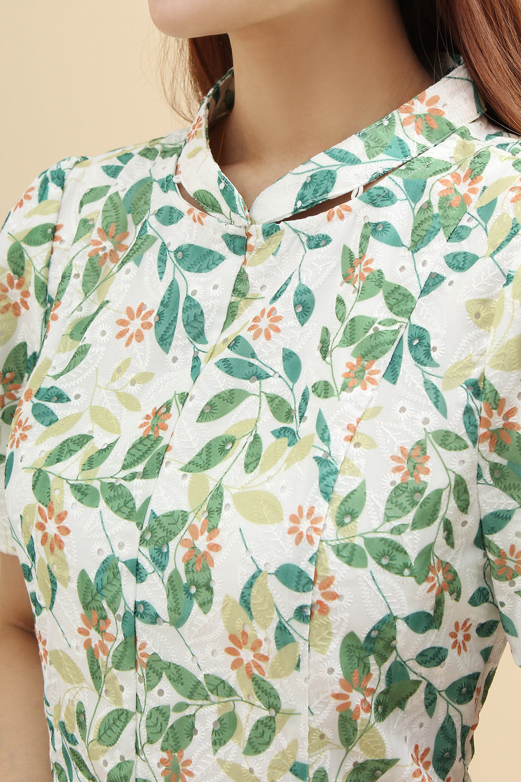 green floral printed mini dress with mandarin collar