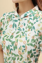 green floral printed mini dress with mandarin collar