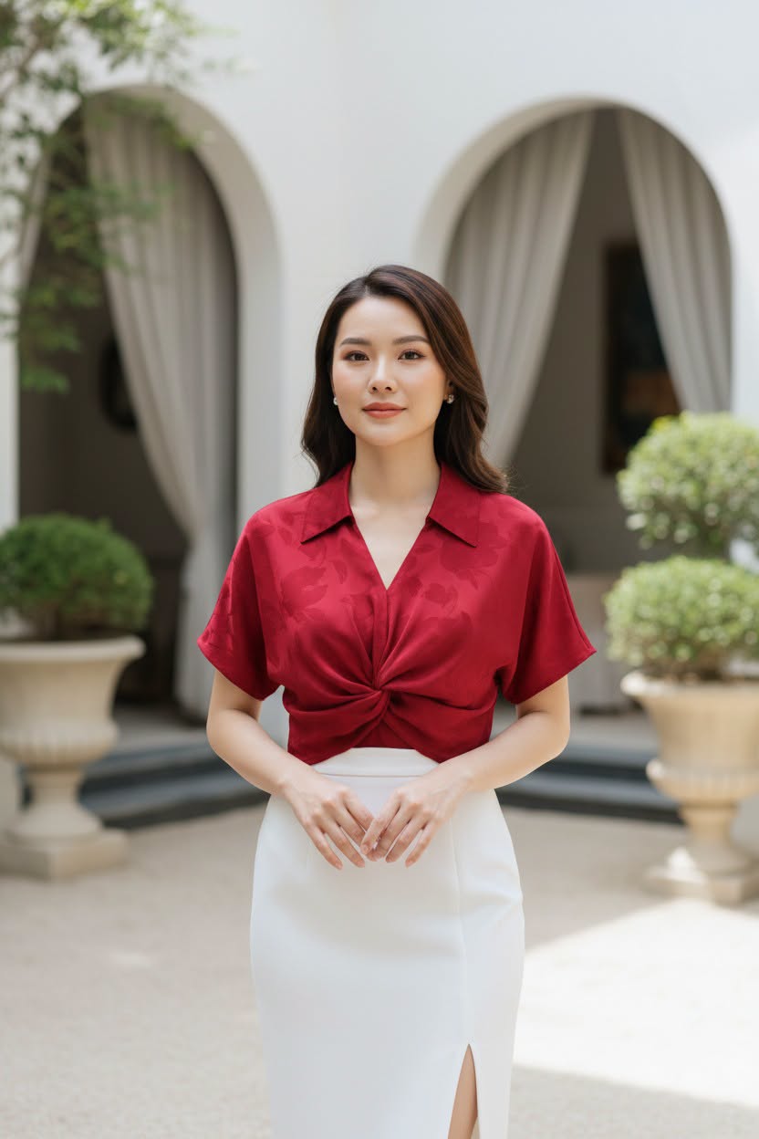 Jacquard Twist Knot Blouse