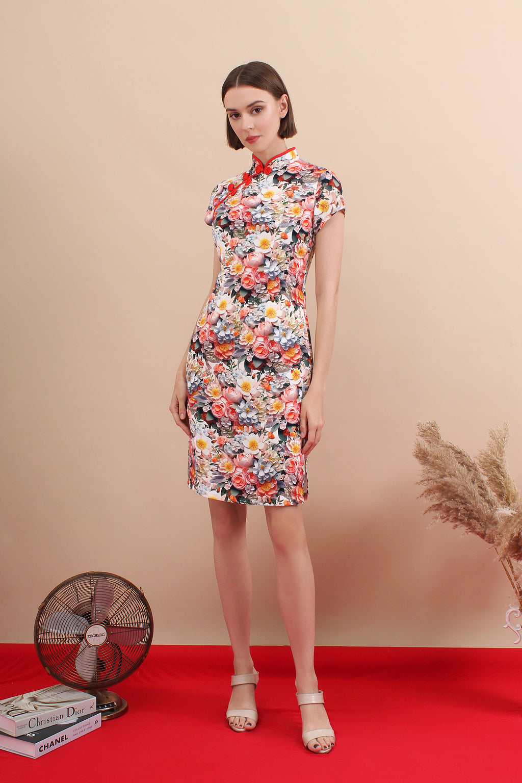 Printed Floral Cheongsam Dress in Red