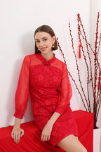 Woman in a red cheongsam dress sitting on a red couch with a white background and decorative elements.